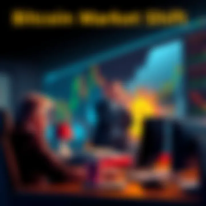 A graphic showing the transition from optimism to pessimism in the Bitcoin market after Trump's election, featuring a downward trend in price charts and worried people discussing around a computer.