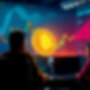 A stock market graph showing a drop in Bitcoin price after a large sale, with worried investors looking at their screens.
