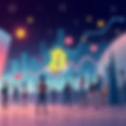 Illustration depicting fluctuating Bitcoin prices with people sharing thoughts about it