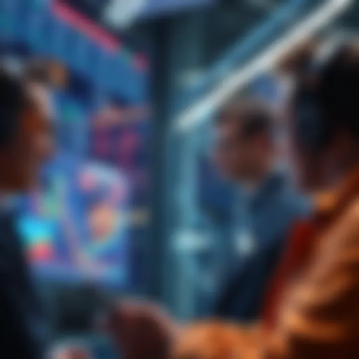Traders looking at a graph showing Bitcoin prices with excitement and anticipation