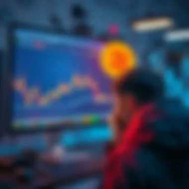 A bored person looks at a stagnant cryptocurrency chart on a computer screen, showing no movement in Bitcoin's value.