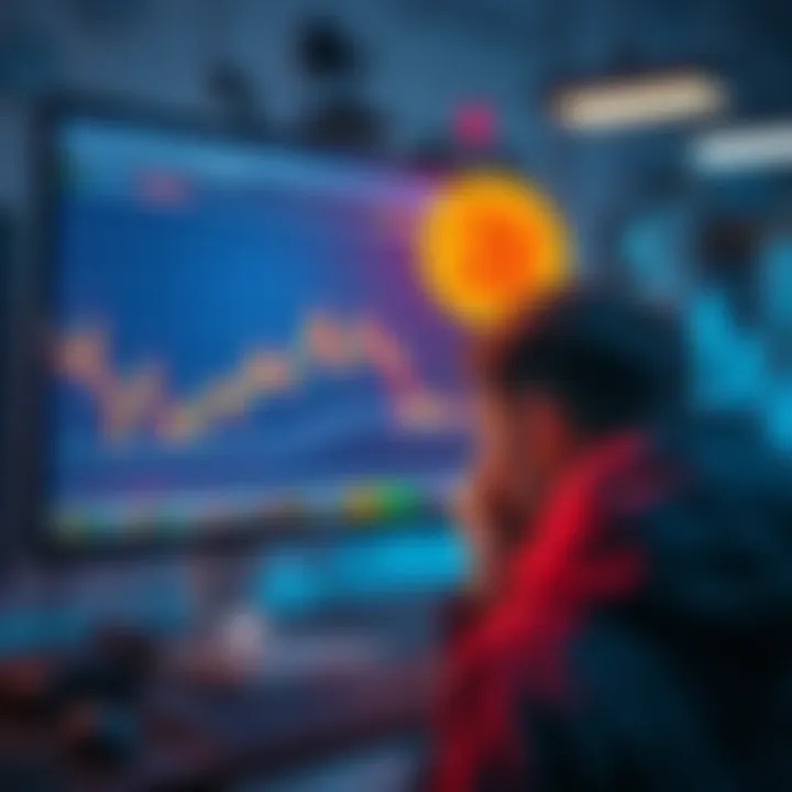 A bored person looks at a stagnant cryptocurrency chart on a computer screen, showing no movement in Bitcoin's value.