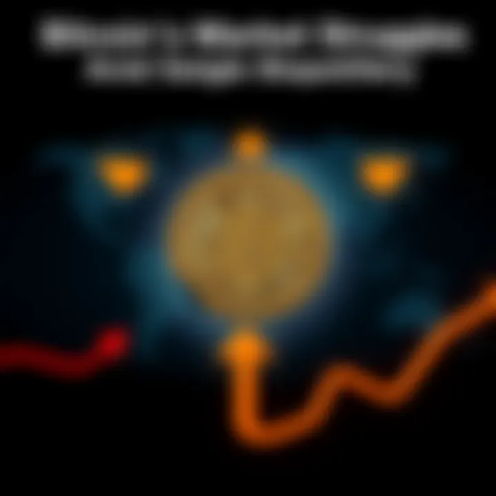 An illustration showing a Bitcoin symbol surrounded by arrows indicating decline, with a backdrop of a world map highlighting geopolitical tension areas.