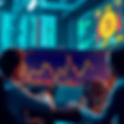 A graph showing a downward trend in Bitcoin prices with worried investors looking at their screens