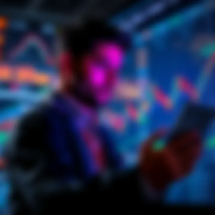 Bitcoin Market Trends A trader analyzing Bitcoin price charts with upward and downward trends, symbolizing market volatility.