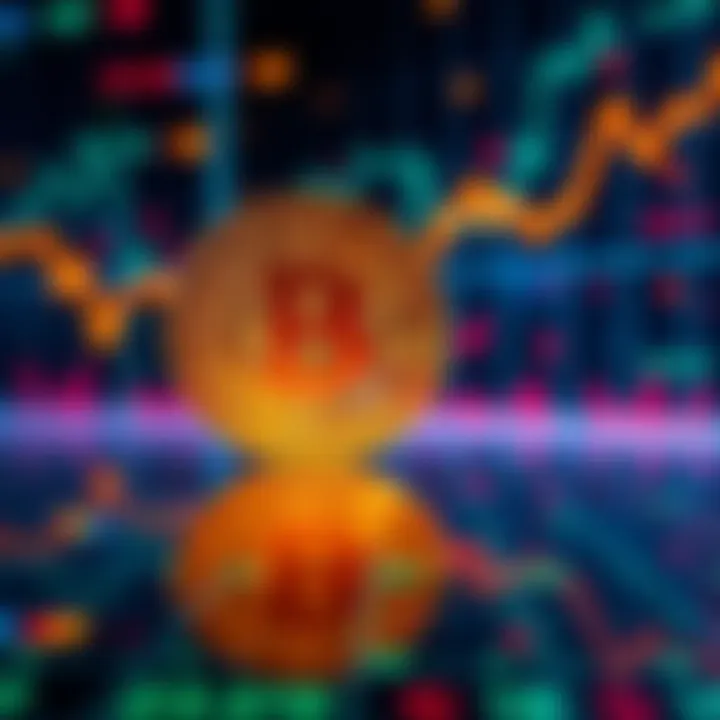 A digital representation of Bitcoin value fluctuating with a downward trend in the background, symbolizing recent market changes.