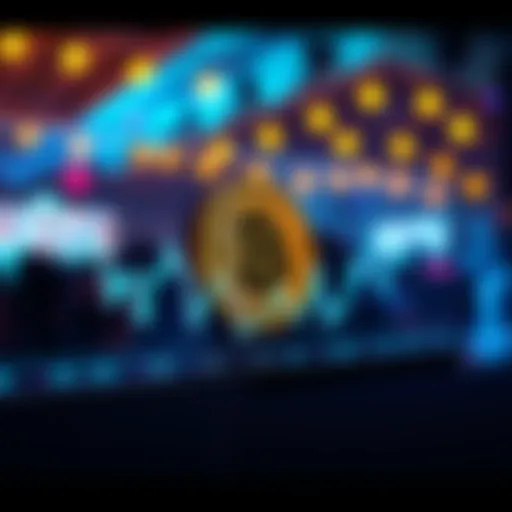 A digital chart showing Bitcoin price fluctuations with a nightlife theme, featuring party lights in the background.