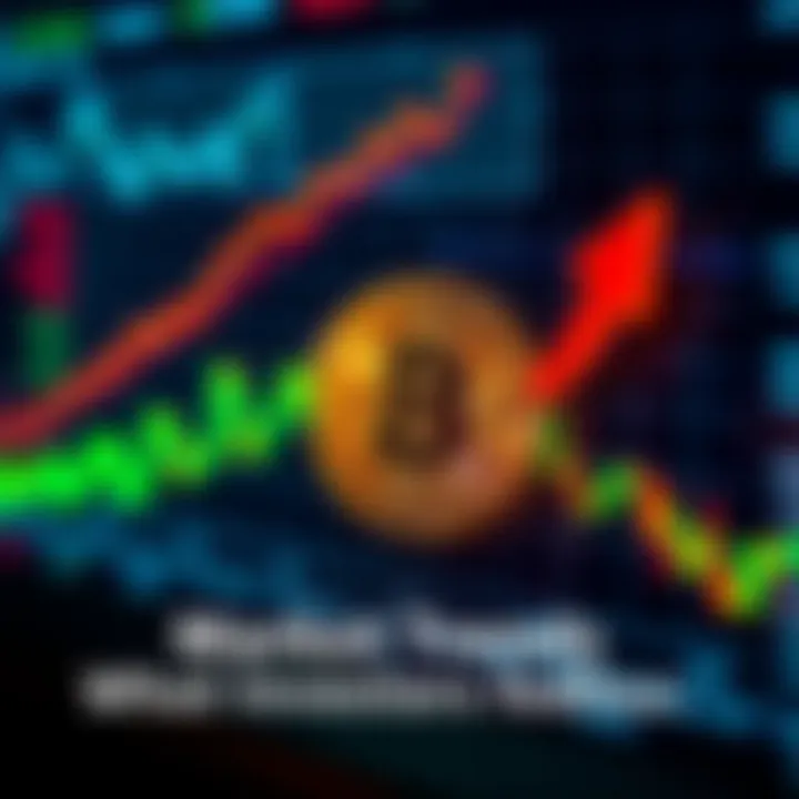 A graph showing Bitcoin price fluctuations with arrows indicating trends and a background of financial charts