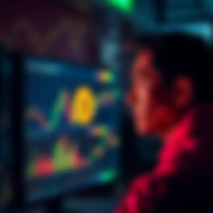 Bitcoin Market Warning A person looking concerned while monitoring a Bitcoin price chart on a computer screen, emphasizing caution in investments.