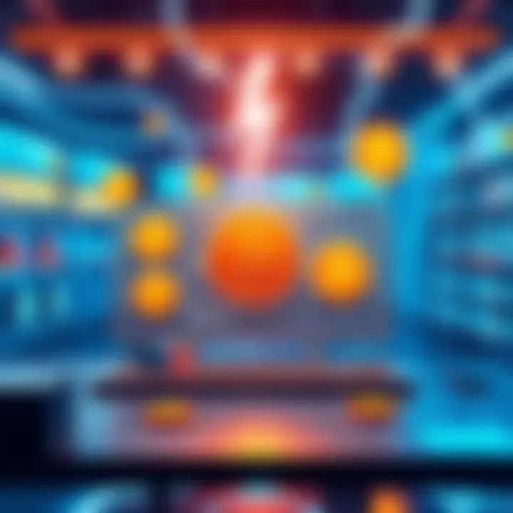 Visual representation of digital transactions on the Lightning Network, showcasing a modern marketplace interface with Bitcoin symbols and credit card icons.