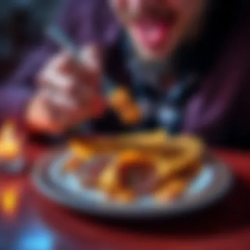 A person eating a meal designed to look like Bitcoin, featuring golden color and crypto symbols on the plate.