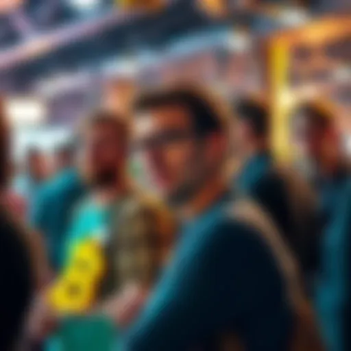 A group of people at a Bitcoin meet-up discussing cryptocurrency, some looking engaged while others appear cautious about the environment.
