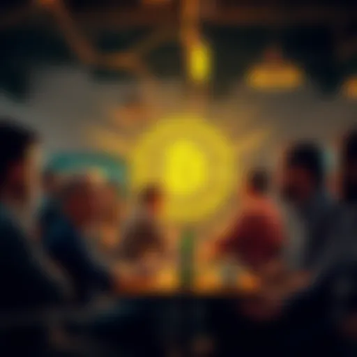 A group of people sharing ideas at a Bitcoin meetup, discussing cryptocurrency and networking.