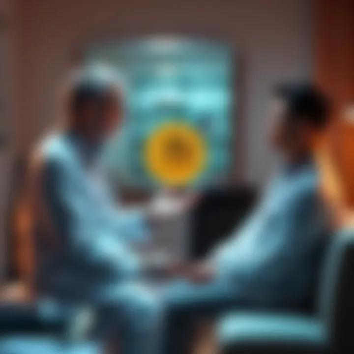 A doctor discussing Bitcoin's impact on mental health with a patient in a calm setting