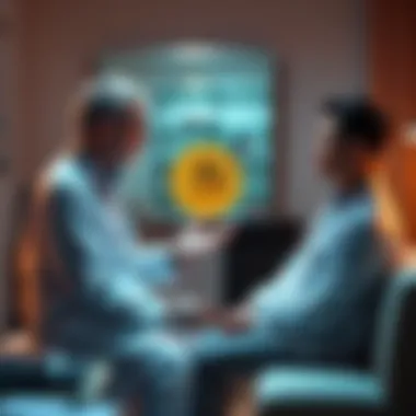 Bitcoin and Mental Health A doctor discussing Bitcoin's impact on mental health with a patient in a calm setting