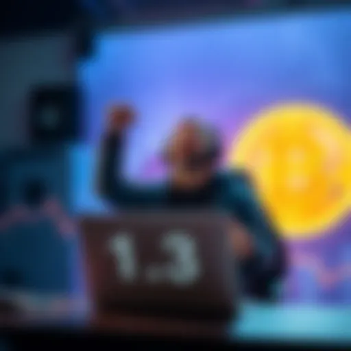 Person celebrating the achievement of owning 1.3 BTC with a laptop and Bitcoin logo in the background