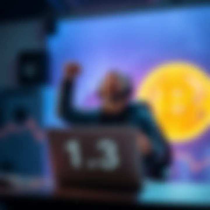 Person celebrating the achievement of owning 1.3 BTC with a laptop and Bitcoin logo in the background