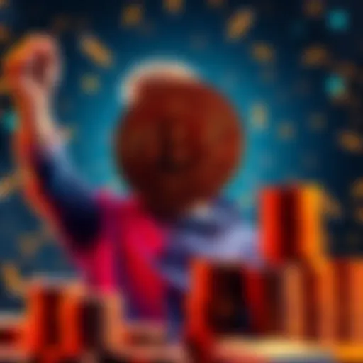 A person celebrating with a Bitcoin symbol and stacks of coins representing wealth and achievement.