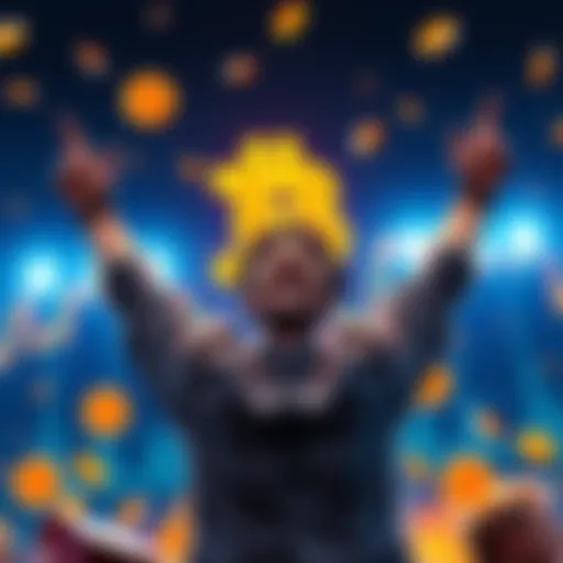 A person celebrating reaching their goal of accumulating 2 Bitcoins as market prices dip, with Bitcoin symbols in the background.