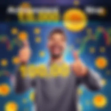 A person joyfully celebrating their achievement of accumulating 100,000 sats in Bitcoin with a smile and thumbs up, surrounded by Bitcoin symbols and charts in the background.