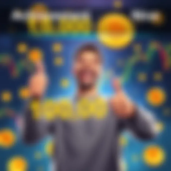 A person joyfully celebrating their achievement of accumulating 100,000 sats in Bitcoin with a smile and thumbs up, surrounded by Bitcoin symbols and charts in the background.