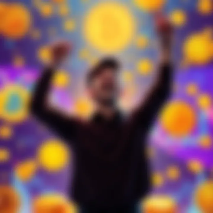 A person celebrating their achievement of owning 21 bitcoins, surrounded by Bitcoin logos and visuals of rising market trends.