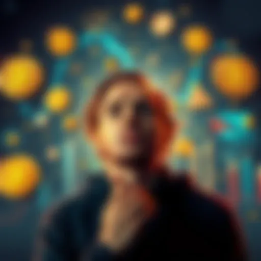 A person pondering over Bitcoin symbols and cultural icons, showcasing the connection between cryptocurrency and mindset.