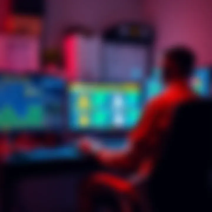 A person sitting at a desk with multiple screens displaying Bitcoin mining software, focused on their solo mining activity.