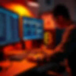 Bitcoin Miner Setup Person connecting cables to a bitcoin miner setup on a desk with a computer.