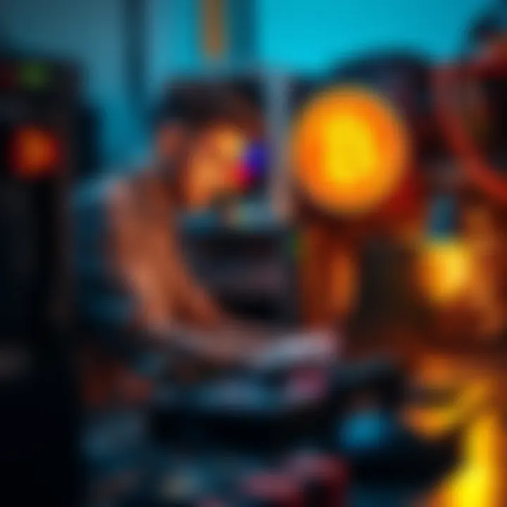 A beginner setting up a Bitcoin miner with equipment and a laptop, focused on the screen, surrounded by mining hardware.