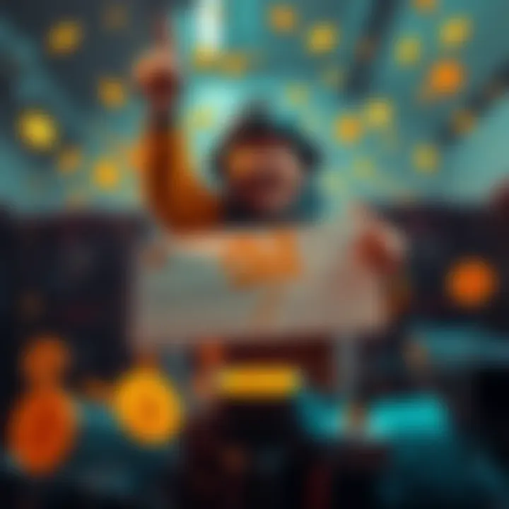 Bitcoin Miner Celebrating Win A lone miner joyfully holding a $282,000 check while surrounded by mining equipment and Bitcoin symbols.