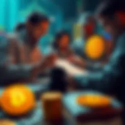 A group of Bitcoin miners analyzing financial charts with dollar bills and Bitcoin symbols on a table
