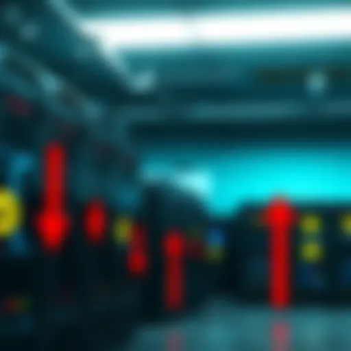 A group of Bitcoin mining rigs with red arrows indicating financial loss, set in a dimly lit environment to suggest struggle.