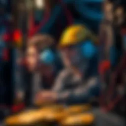 A group of Bitcoin miners looking at their equipment with worried expressions as profitability drops.