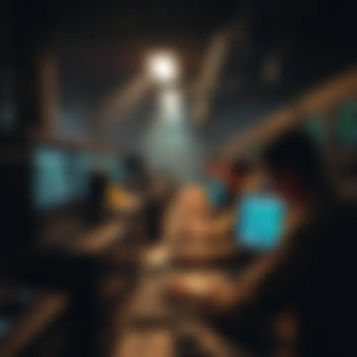 Bitcoin miners working on computers A group of Bitcoin miners in a dimly lit room with multiple computers and mining rigs, focusing on their screens as they analyze transaction fees.