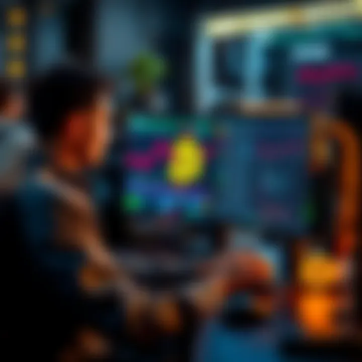 Person sitting at a computer with mining software, showing Bitcoin graphics on the screen