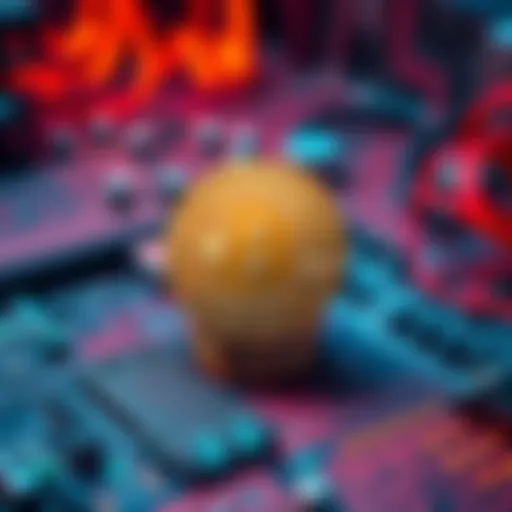 A visual representation of Bitcoin mining with a digital coin, mining rig, and circuit board background.