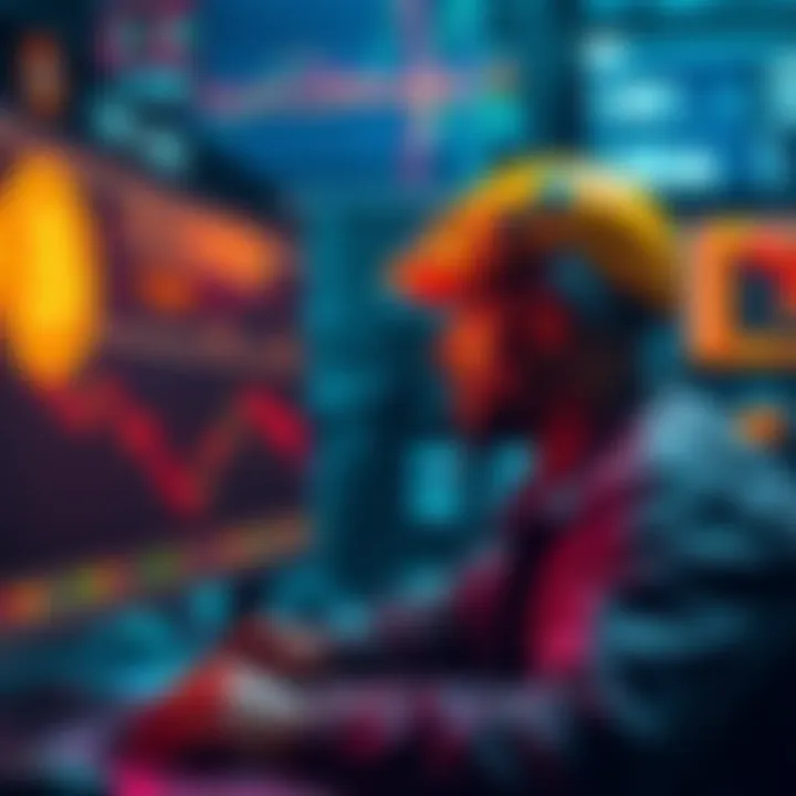 A visual representation showing the high costs of Bitcoin mining compared to its market price, with a miner looking worried at a computer screen displaying Bitcoin data.