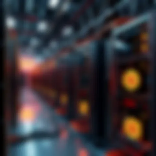 A collection of Bitcoin mining rigs operating in a warehouse setting, highlighting the machinery used for cryptocurrency mining.