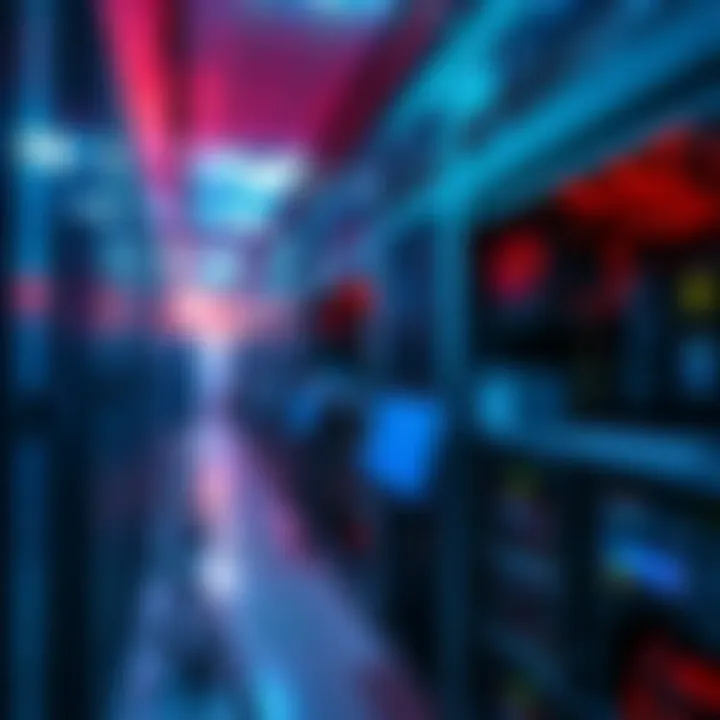 A collection of Bitcoin mining rigs operating in a data center, showing multiple machines working together.