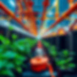 A Bitcoin mining facility with heat piping systems connected to greenhouses, showcasing the repurposing of waste heat for growing plants.