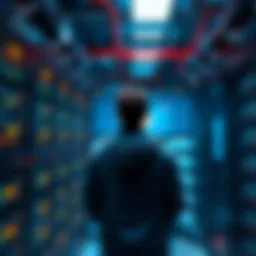 Bitcoin Mining Hosting Services A person monitoring Bitcoin mining equipment in a high-tech facility, showcasing servers and mining rigs.