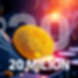 Bitcoin Mining Milestone Illustration showing a Bitcoin coin with a mining tool and the number 20 million in the background, symbolizing the milestone of 20 million bitcoins mined.