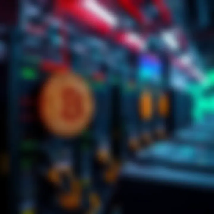 A Bitcoin mining operation showing several mining rigs and digital currency graphics in the background