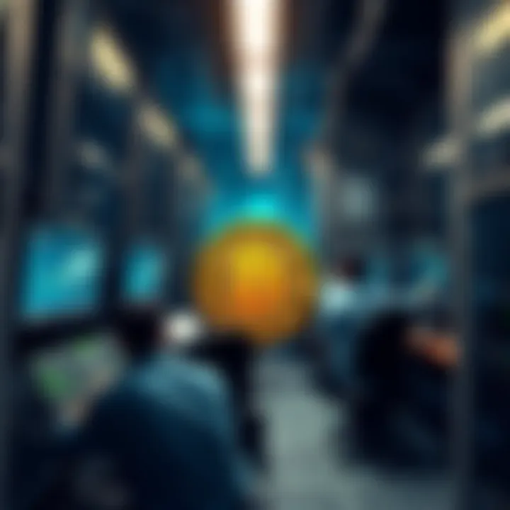 Bitcoin Mining Operations A group of people monitoring Bitcoin mining equipment, showing screens with data and mining rigs in a tech-filled room.