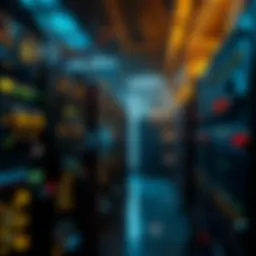 A group of Bitcoin mining machines operating in a dimly lit warehouse, with glowing LEDs and cooling fans visible, representing the current state of the mining industry.