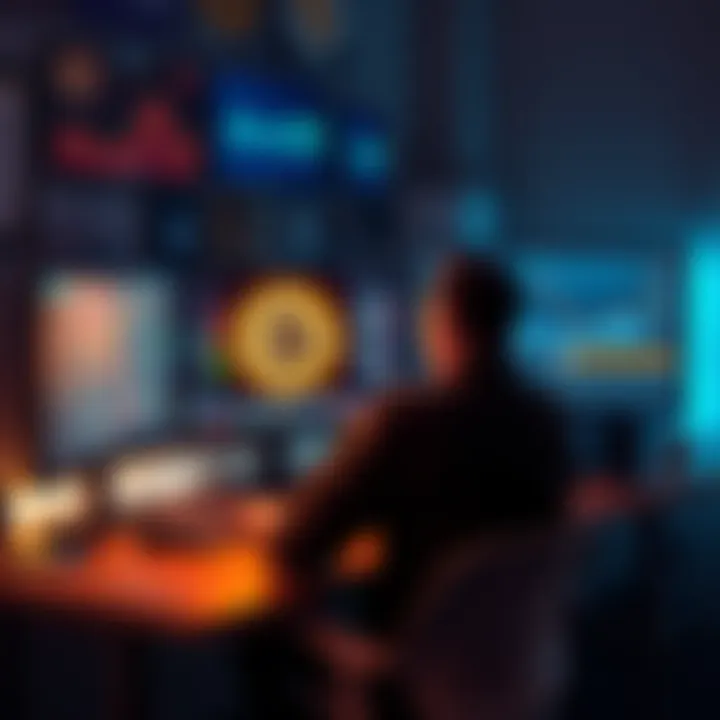 Bitcoin Mining on PC A person sitting at a desk with a computer displaying Bitcoin mining software and charts.