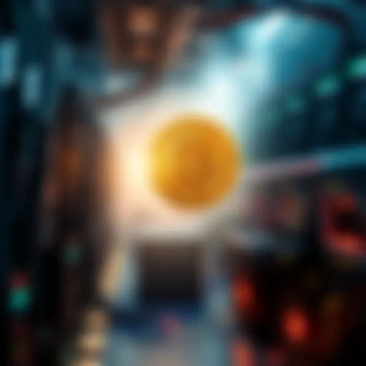 A large mining rig with multiple computers working to mine bitcoins, showing miners connected to the blockchain network.