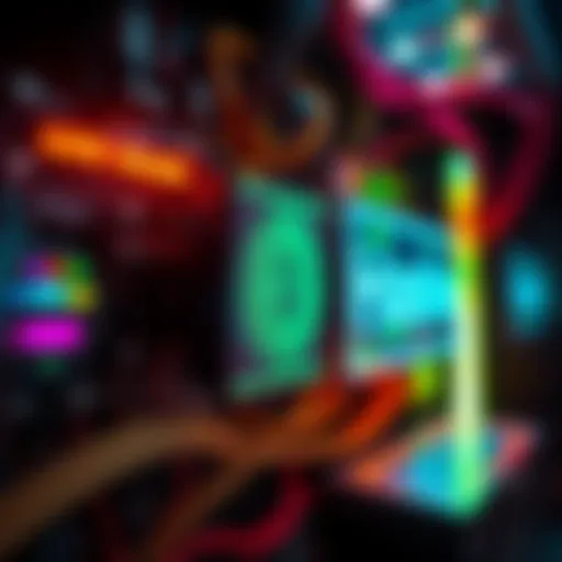 A bitcoin mining rig shows real-time hashing attempts and the visible seed phrase on a screen, blending art and technology.