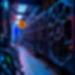 A Bitcoin mining rig with multiple graphics cards running, showing the hardware used for proof-of-work processes.